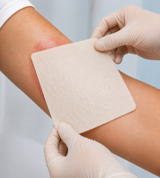 An illustration of the use of collagen in biomedical applications, here a collagen-based wound dressing.