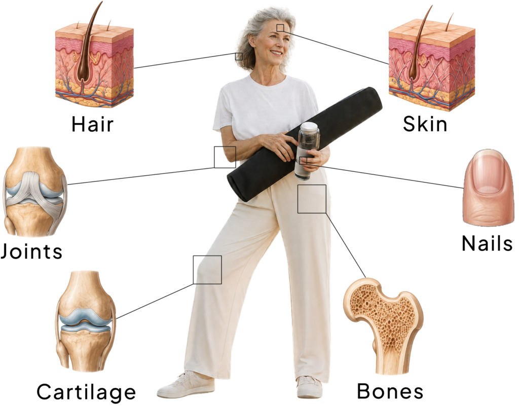 An illustration showing the importance of collagen and its presence in skin, joints, bones, hair, cartilage and nails.